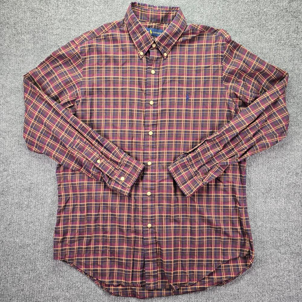 Polo Ralph Lauren Shirt Mens Large Burgundy Yellow Plaid Pony Long Sleeve Casual